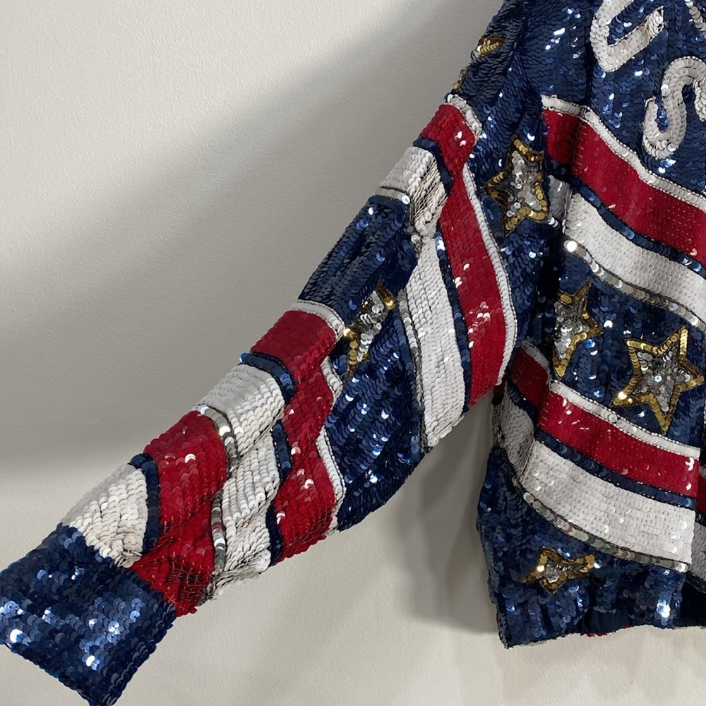 Vintage MODI Pure Silk USA Themed Jacket Pockets Large - Picture 4 of 13